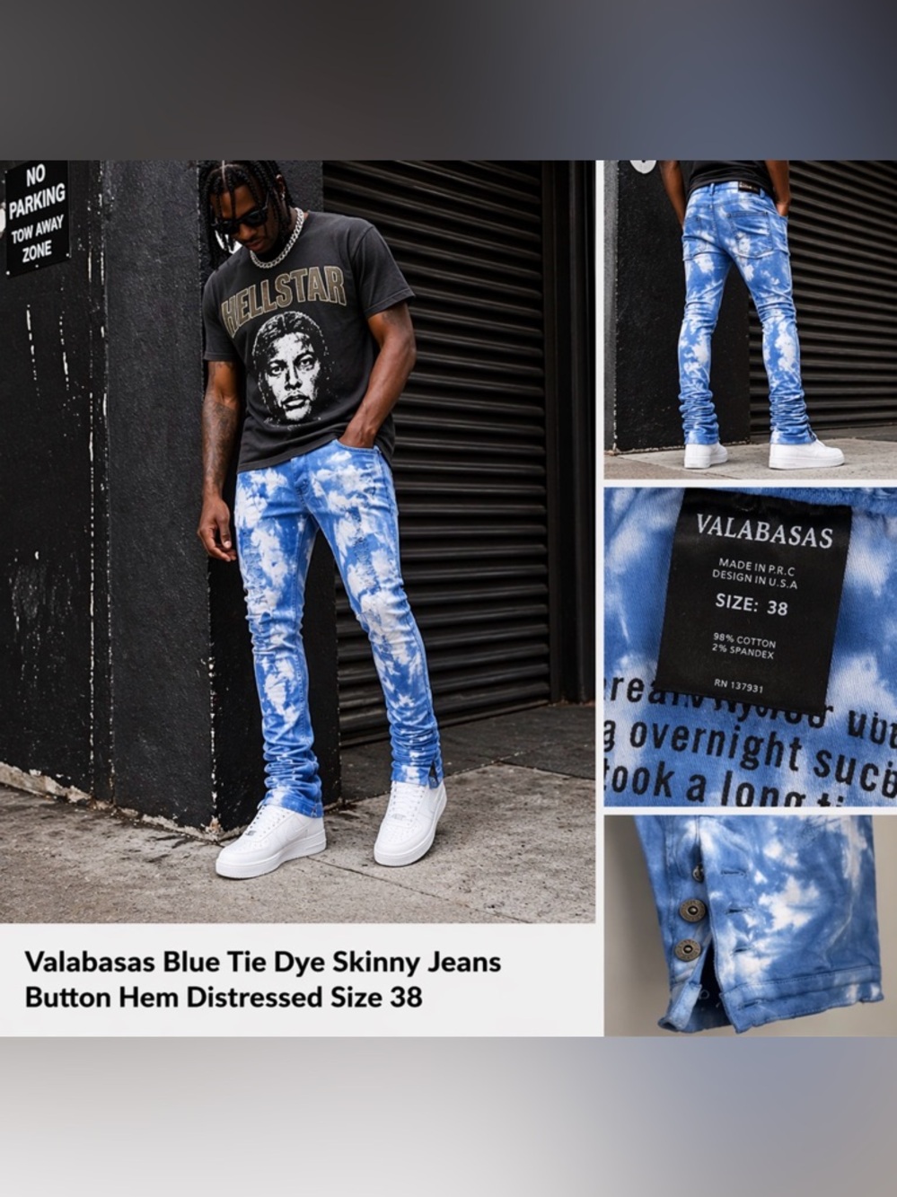 Valabasas Blue Tie Dye Skinny Jeans Distressed Button Hem Size 38 NWOT
